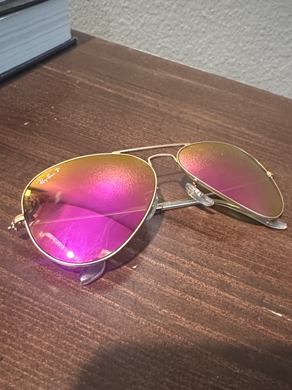Ray-Ban Gold Frame Sunglasses with Pink Mirrored Lenses